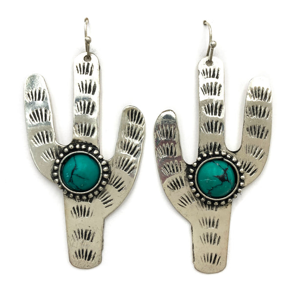 Large Metal Cactus Turquoise Stone Earrings