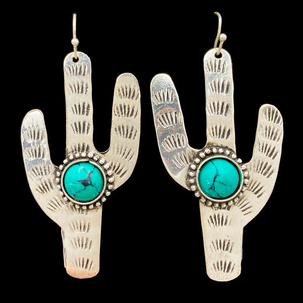 Large Metal Cactus Turquoise Stone Earrings