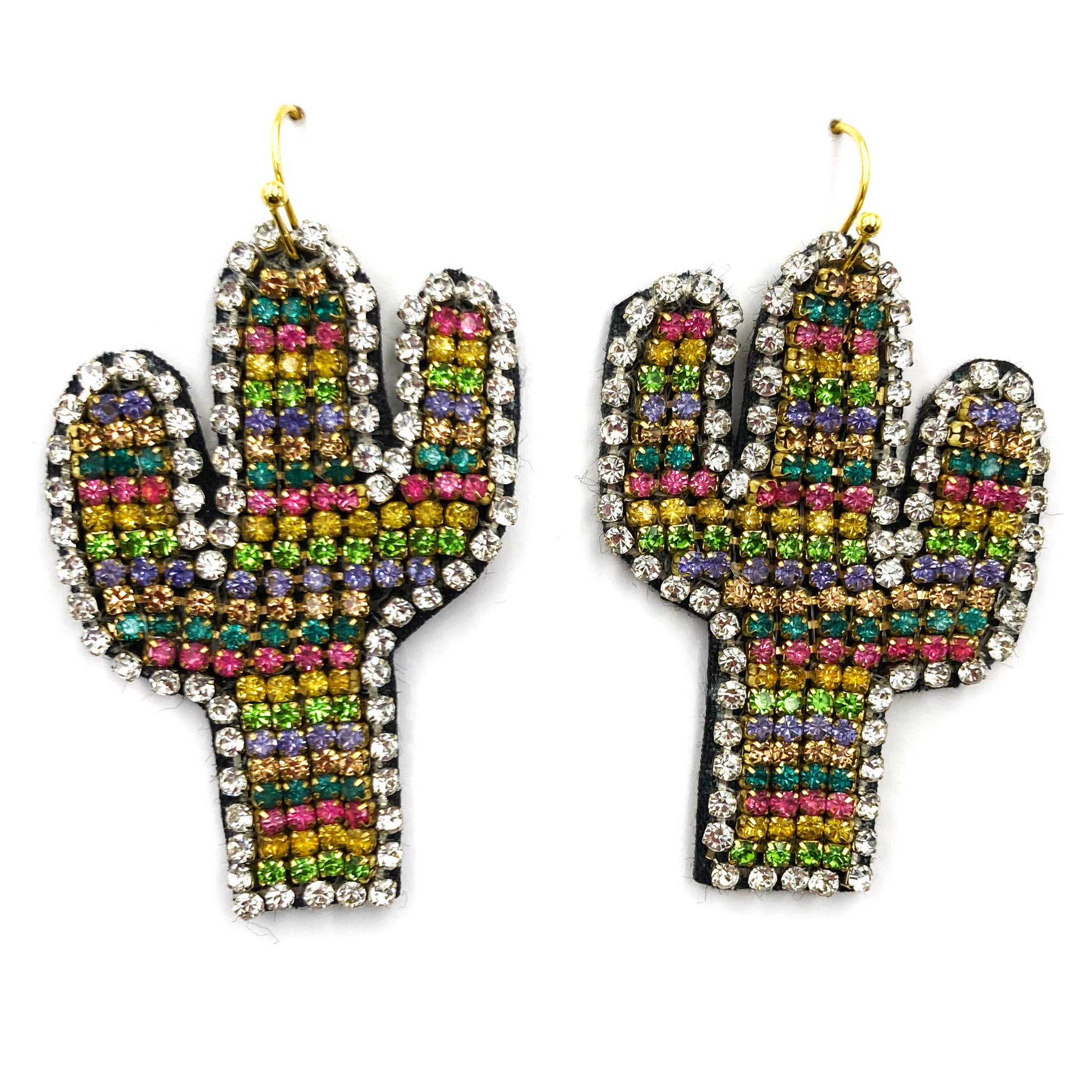 Cactus Rhinestone Filled Rainbow Multicolor Fabric Earrings