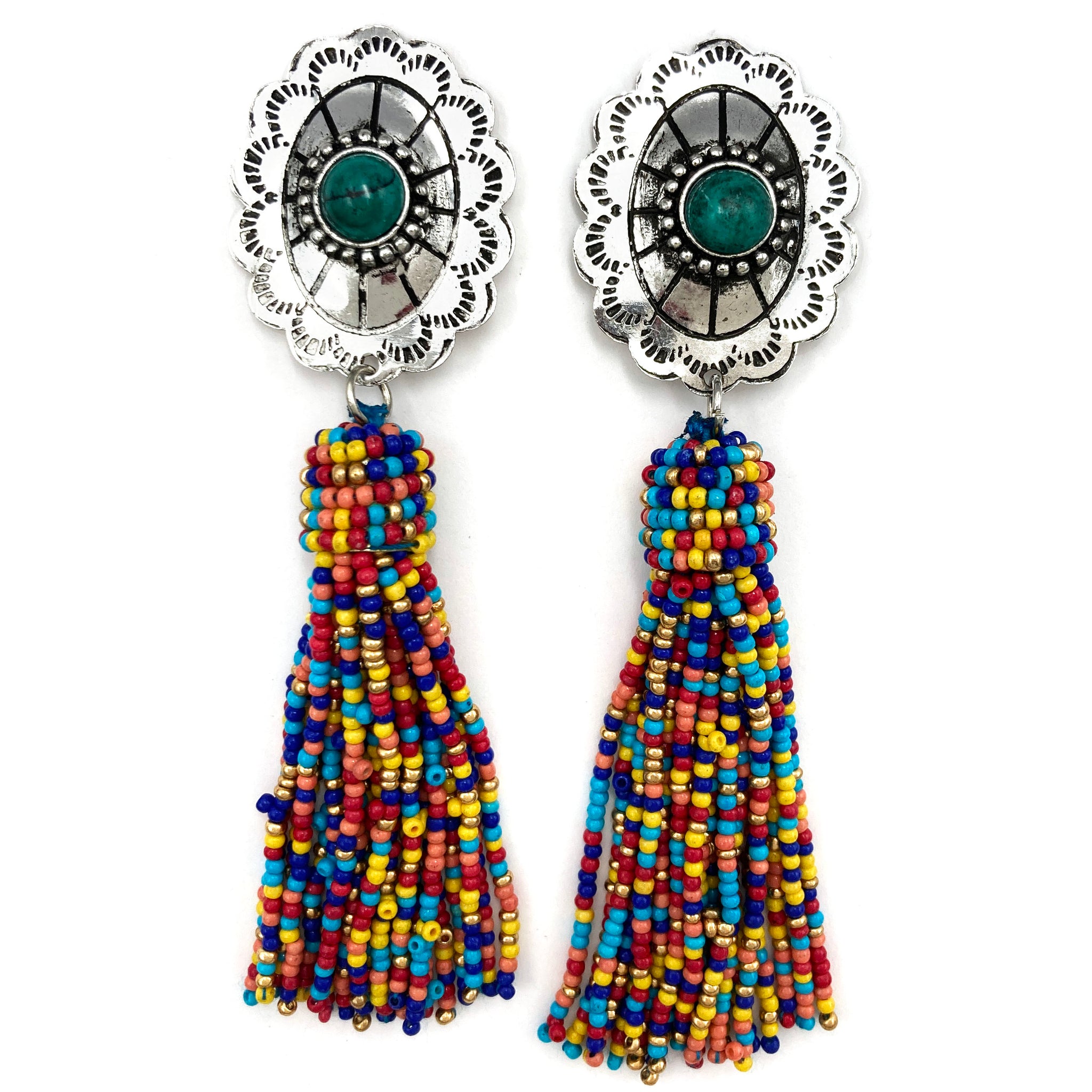 Western Turquoise Concho Tassel Multicolor Seed Bead Earrings