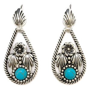 Western Floral Turquoise Stone Roped Teardrop Dangle Earrings