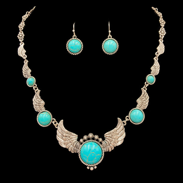 Turquoise Stone Concho Angel Wings Necklace Earrings Set