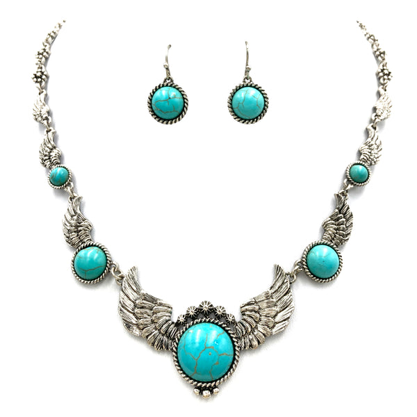 Turquoise Stone Concho Angel Wings Necklace Earrings Set