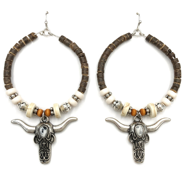 Longhorn Wood Beads Hanging Hoop Western Dangle Earring