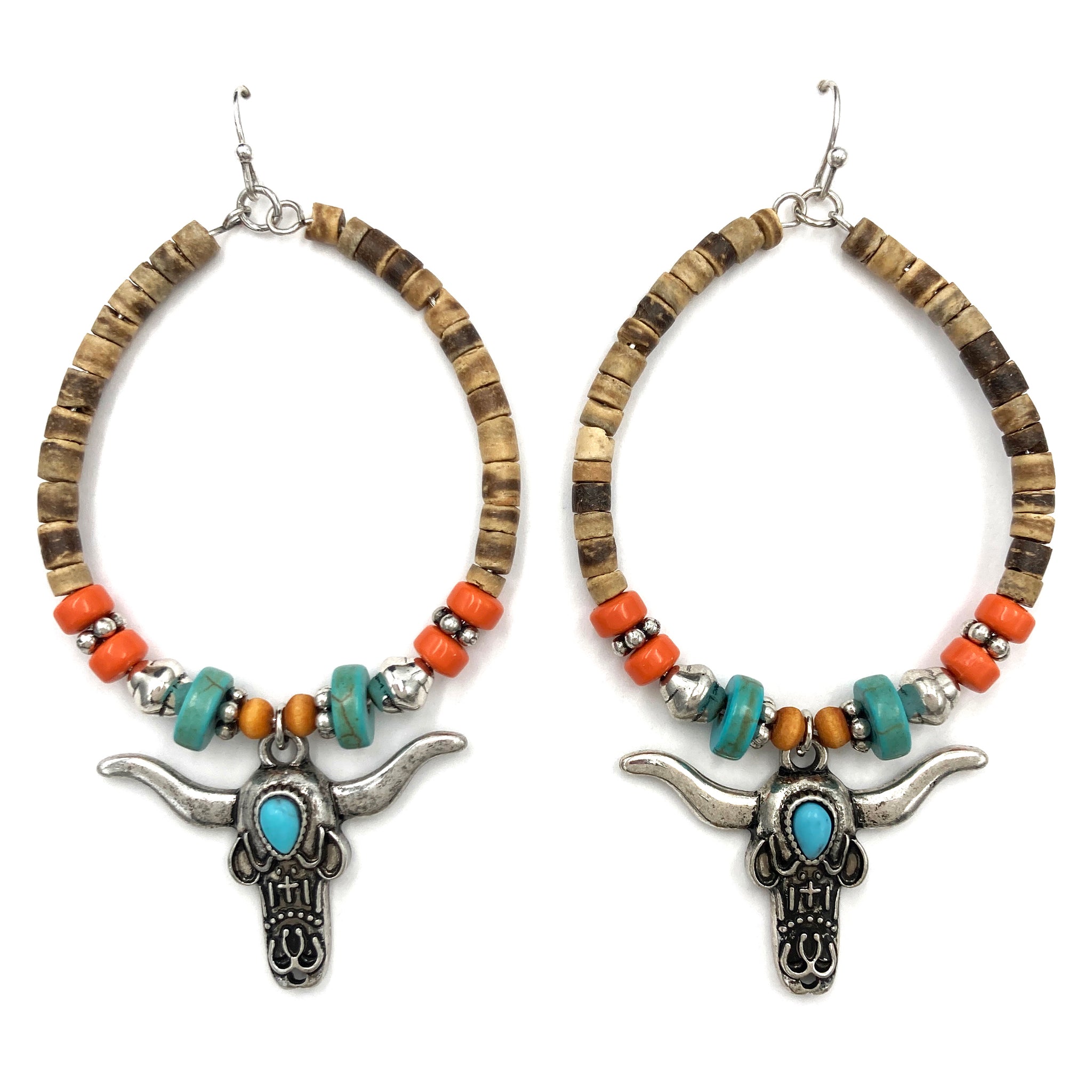 Longhorn Wood Beads Hanging Hoop Western Dangle Earring