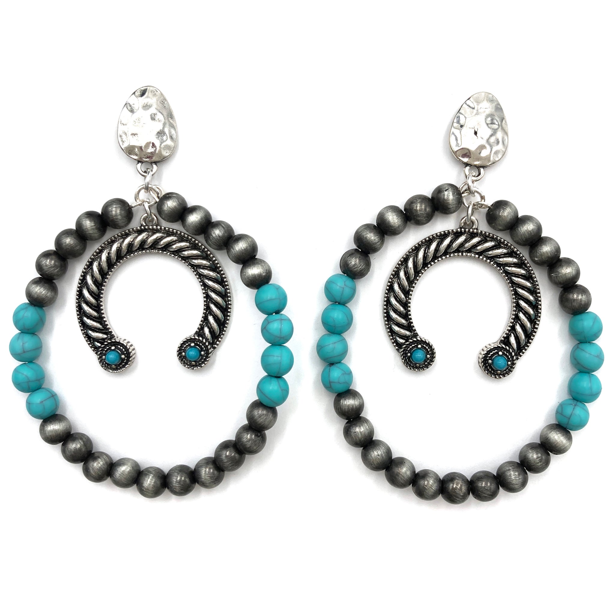 Western Horseshoe Turquoise Cat's Eye Beaded Hanging Hoop Earring