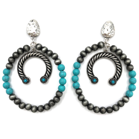 Western Horseshoe Turquoise Cat's Eye Beaded Hanging Hoop Earring