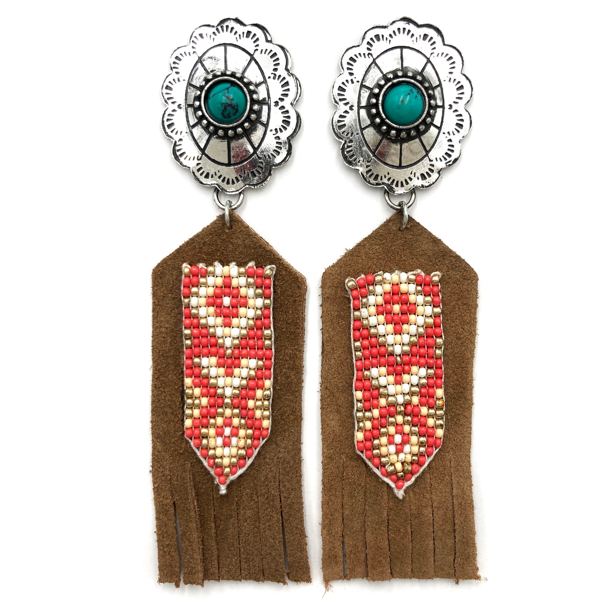 Concho Banner Southwestern Seed Bead Suede Dangle Earrings