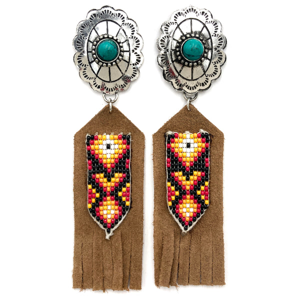 Concho Banner Southwestern Seed Bead Suede Dangle Earrings