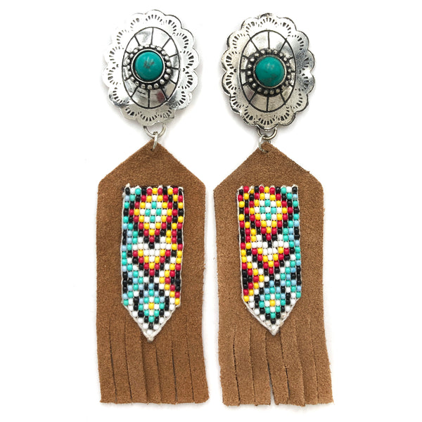 Concho Banner Southwestern Seed Bead Suede Dangle Earrings