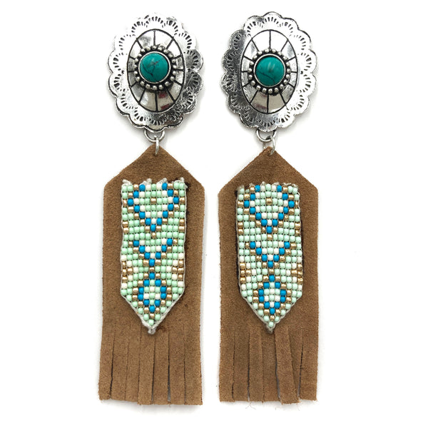 Concho Banner Southwestern Seed Bead Suede Dangle Earrings