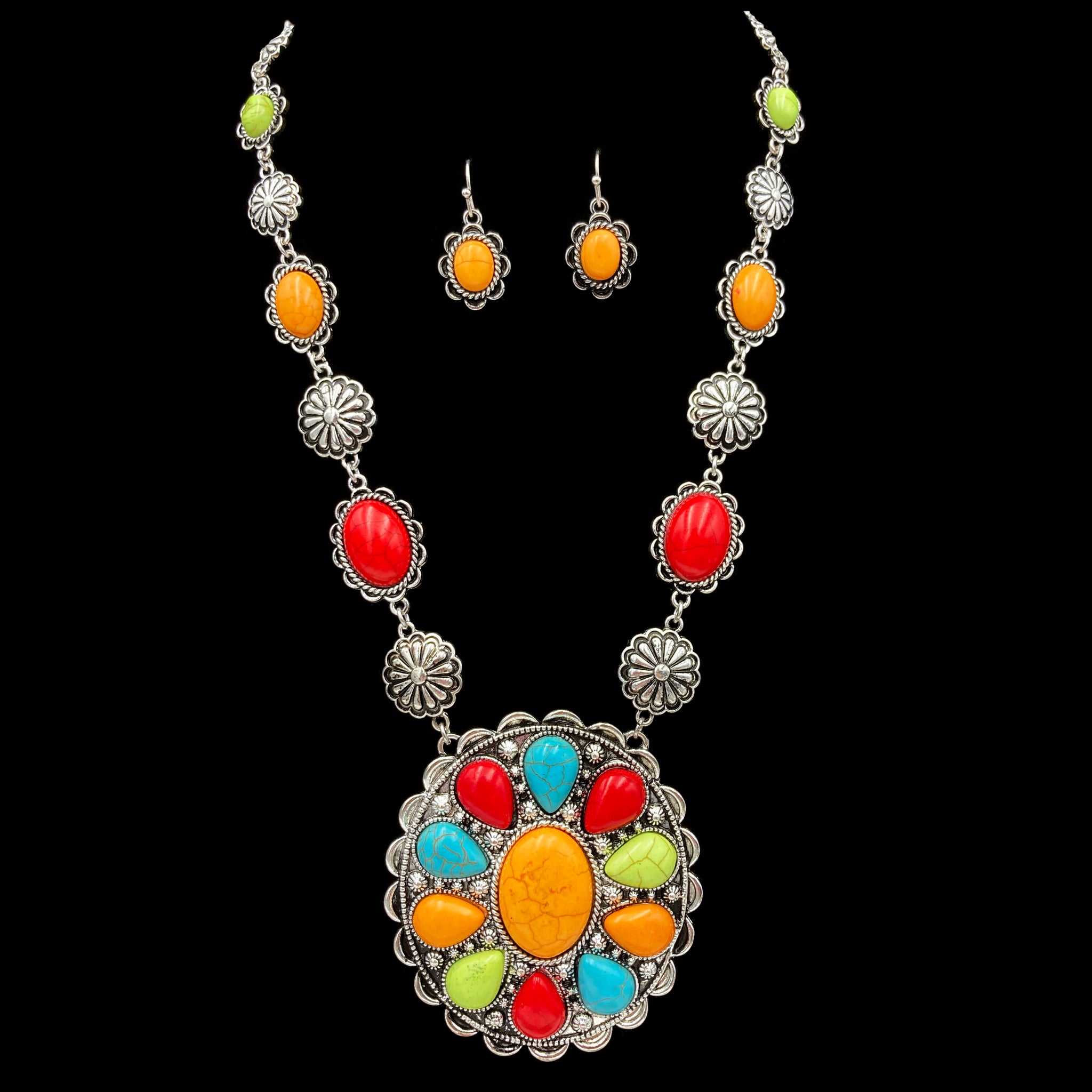 Floral Turquoise Stone Concho Pendant Western Necklace Earrings Set