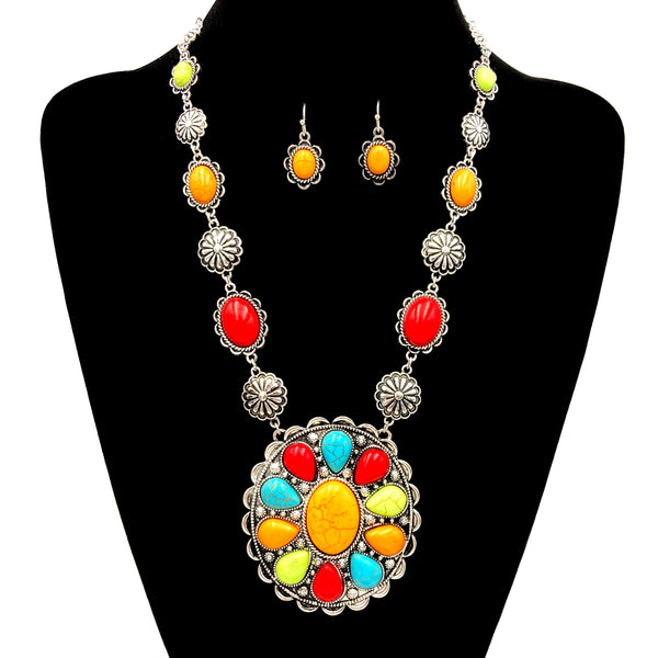 Floral Turquoise Stone Concho Pendant Western Necklace Earrings Set