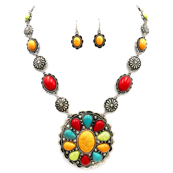 Floral Turquoise Stone Concho Pendant Western Necklace Earrings Set