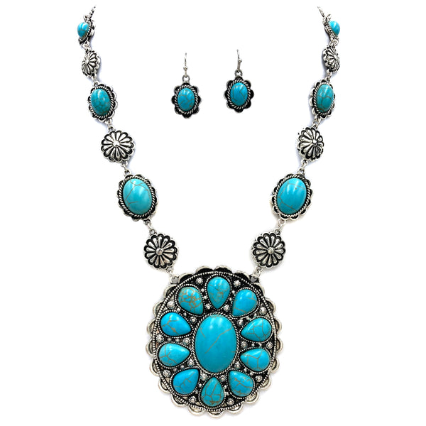 Floral Turquoise Stone Concho Pendant Western Necklace Earrings Set