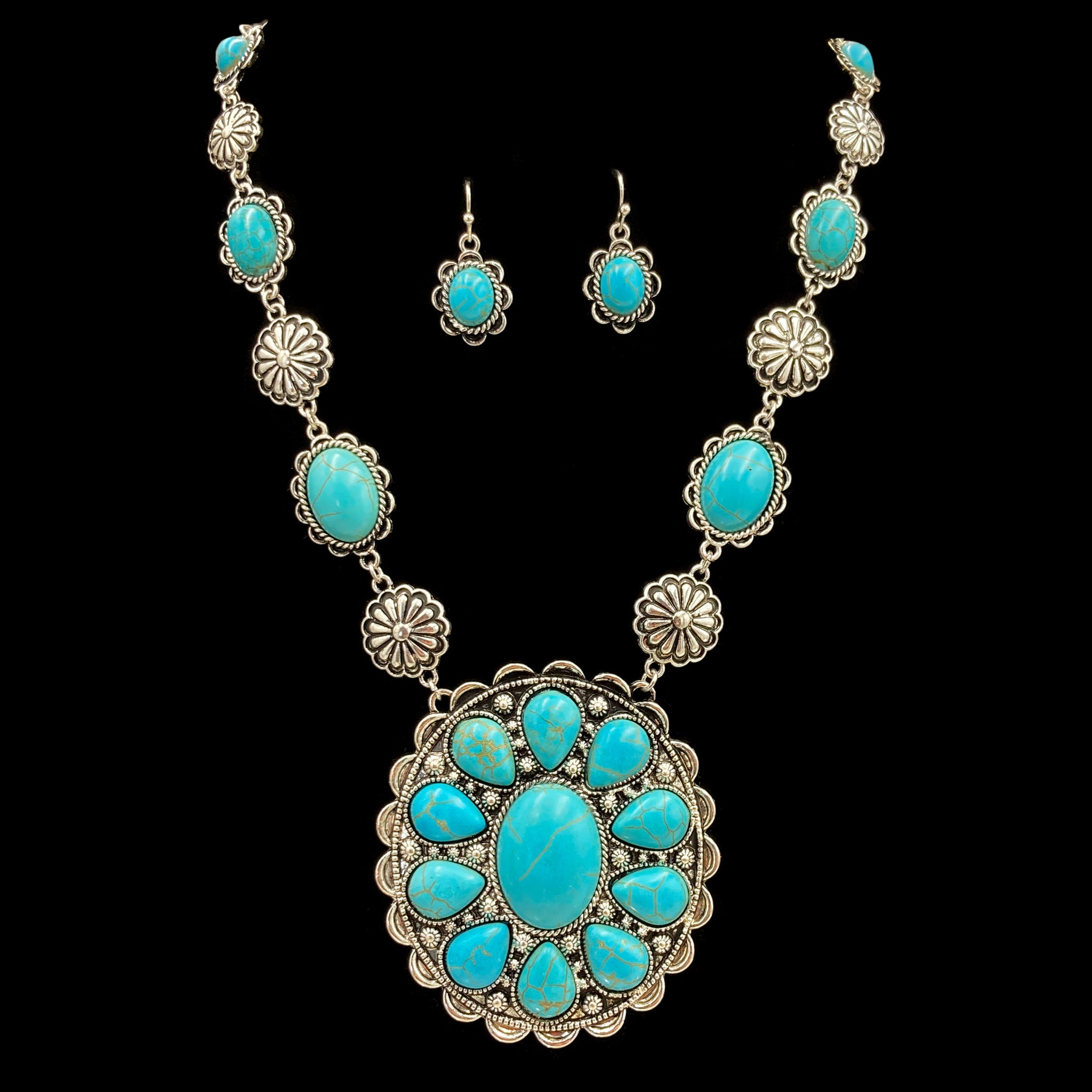 Floral Turquoise Stone Concho Pendant Western Necklace Earrings Set