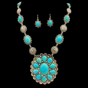 Floral Turquoise Stone Concho Pendant Western Necklace Earrings Set