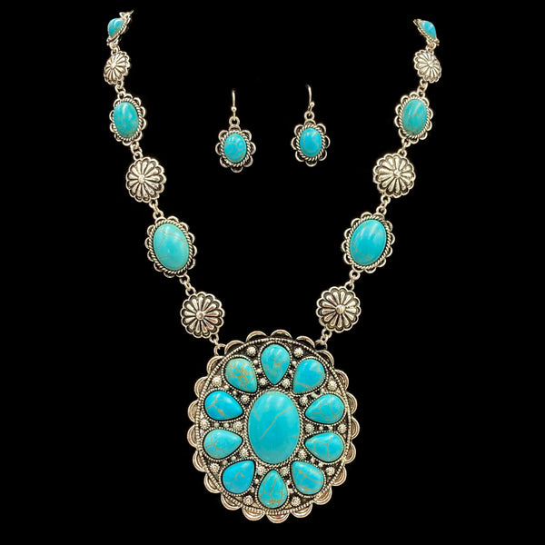 Floral Turquoise Stone Concho Pendant Western Necklace Earrings Set