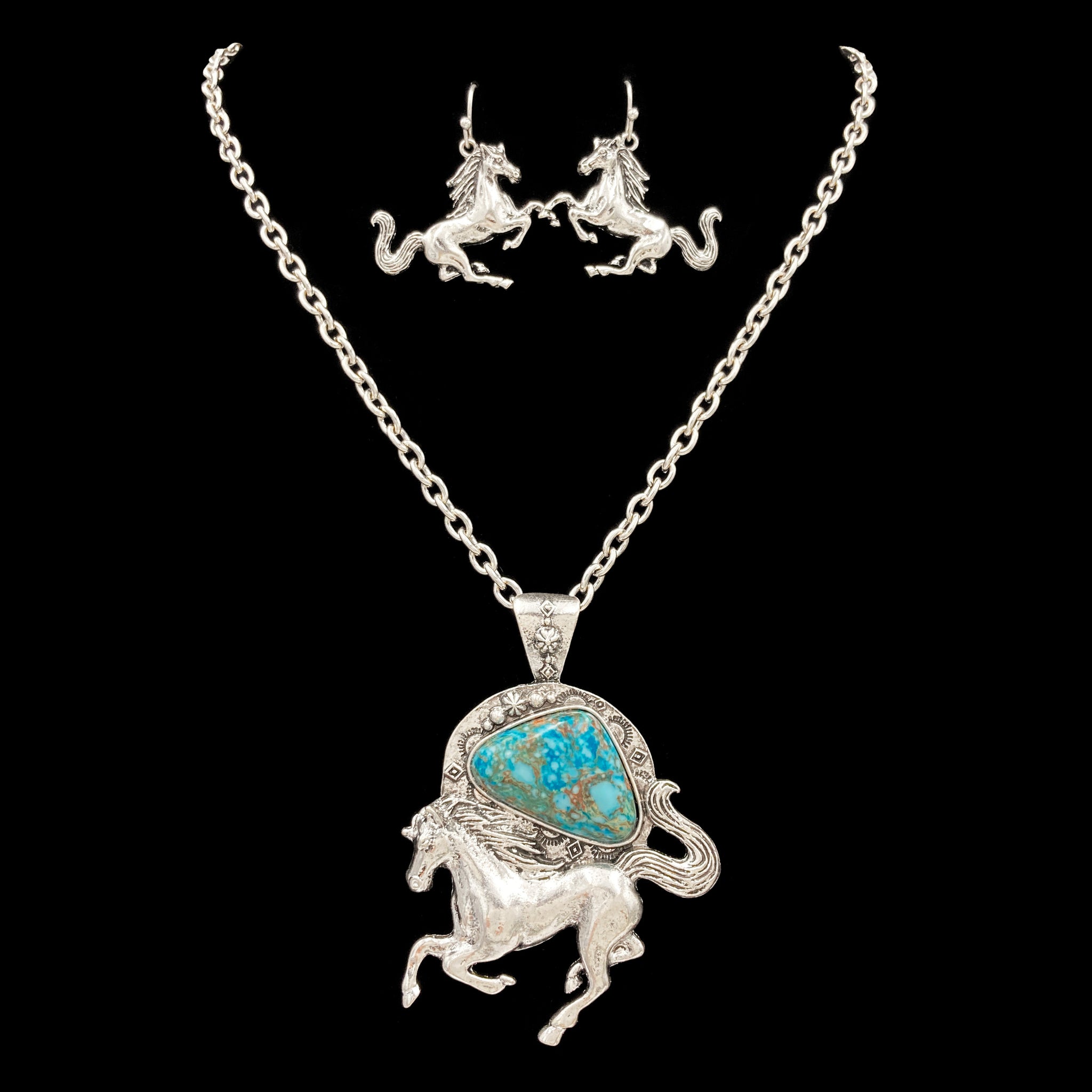 Turquoise Stone Concho Horse Pendant Necklace Earrings Set