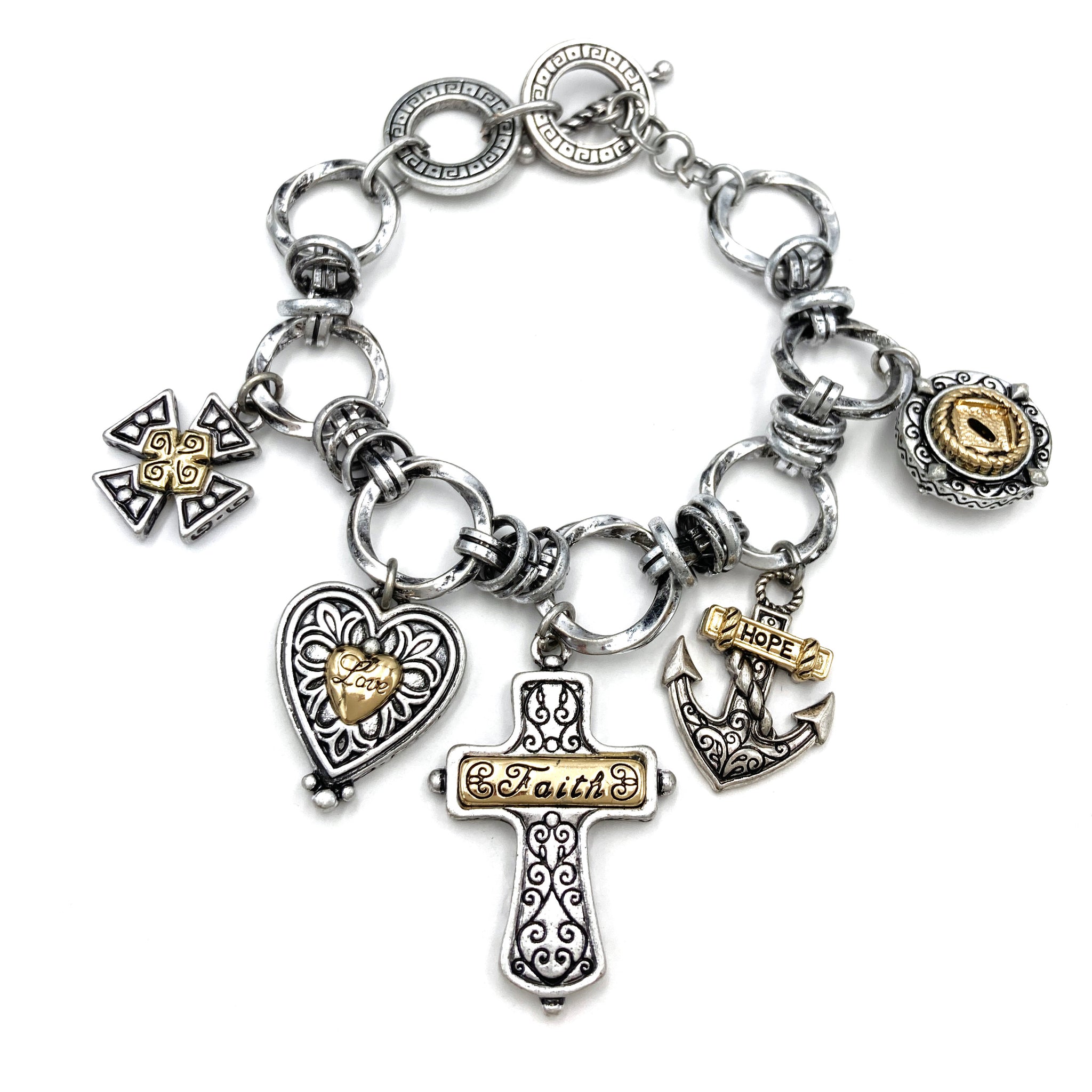 Faith Love Hope Cross Heart Anchor Multi Charm Chain Bracelet