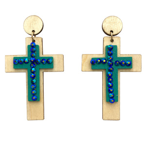 Woodwork Cross Rhinestone Wood Earrings