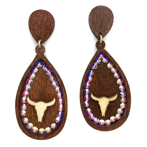 Woodwork Teardrop Longhorn Rhinestone Wood Earrings