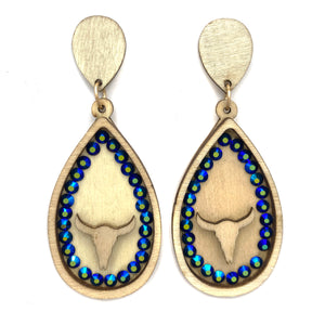 Woodwork Teardrop Longhorn Rhinestone Wood Earrings