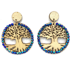 Woodwork Tree Of Life Rhinestone Wood Earrings