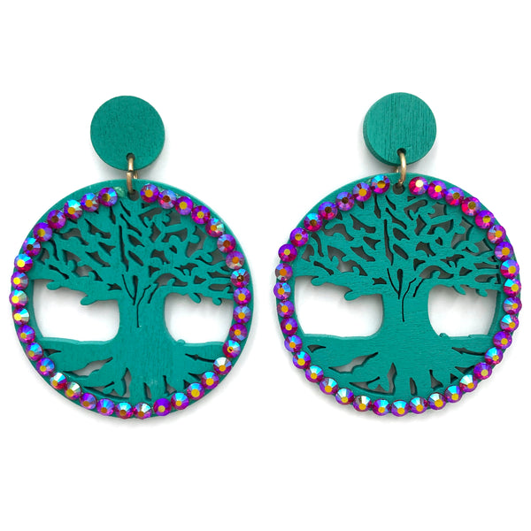 Woodwork Tree Of Life Rhinestone Wood Earrings