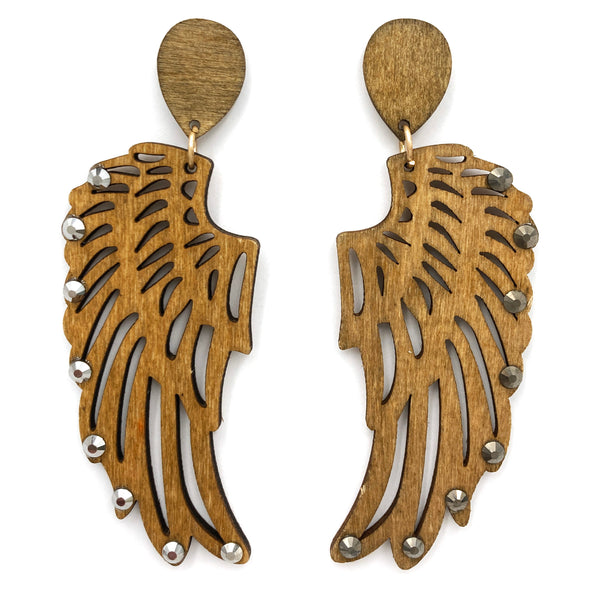 Woodwork Angel Wings Rhinestone Wood Earrings