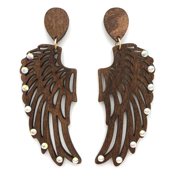 Woodwork Angel Wings Rhinestone Wood Earrings