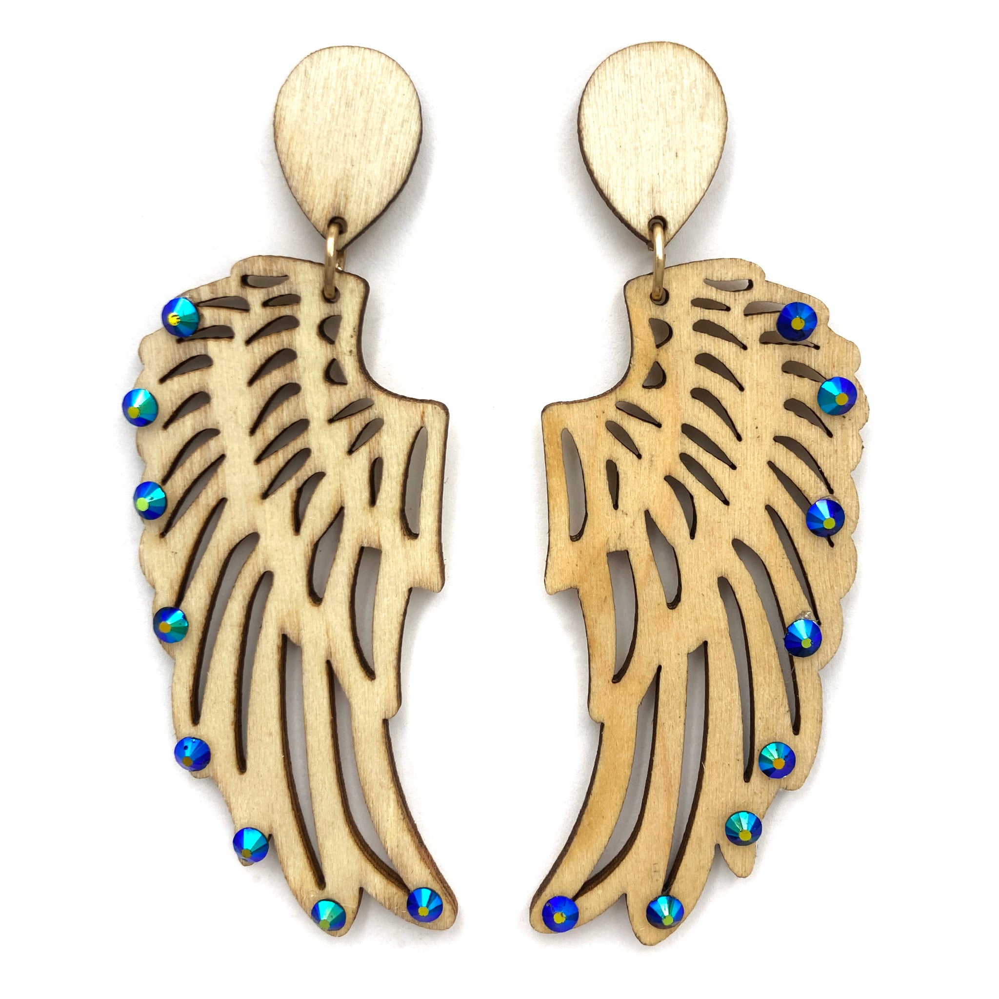 Woodwork Angel Wings Rhinestone Wood Earrings