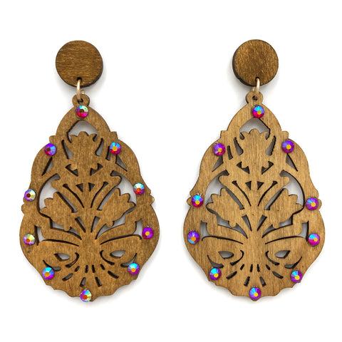 Woodwork Filigree Rhinestone Wood Earrings