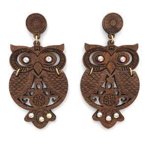 Woodwork Owl Rhinestone Wood Earrings