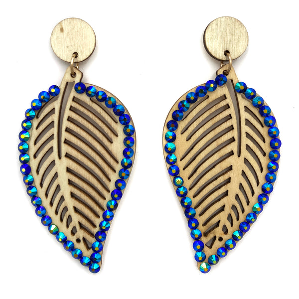 Woodwork Leaves Rhinestone Wood Earrings