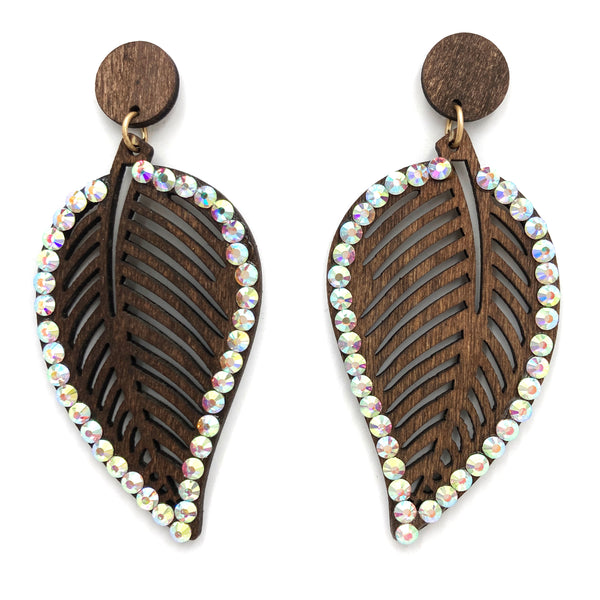 Woodwork Leaves Rhinestone Wood Earrings