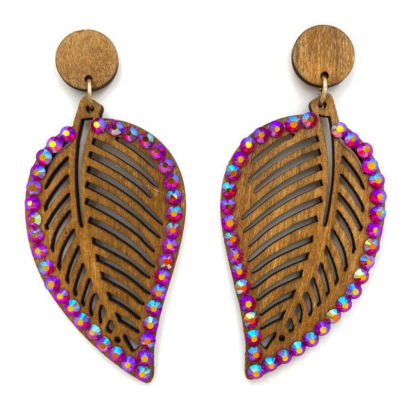 Woodwork Leaves Rhinestone Wood Earrings