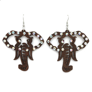 Woodwork Elephant Rhinestone Wood Earrings