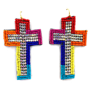 Cross AB Rhinestone Seed Bead Vivid Fabric Earrings