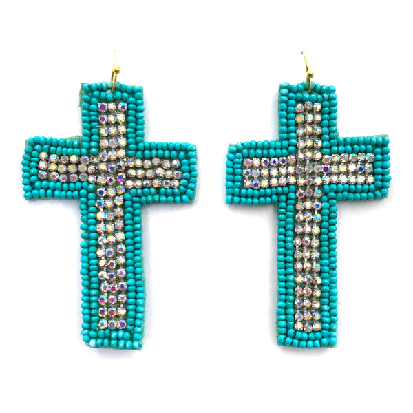 Cross AB Rhinestone Seed Bead Vivid Fabric Earrings