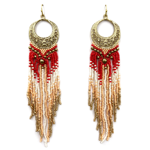 Crescent Flowers Chandelier Fringe Long Seed Bead Earrings