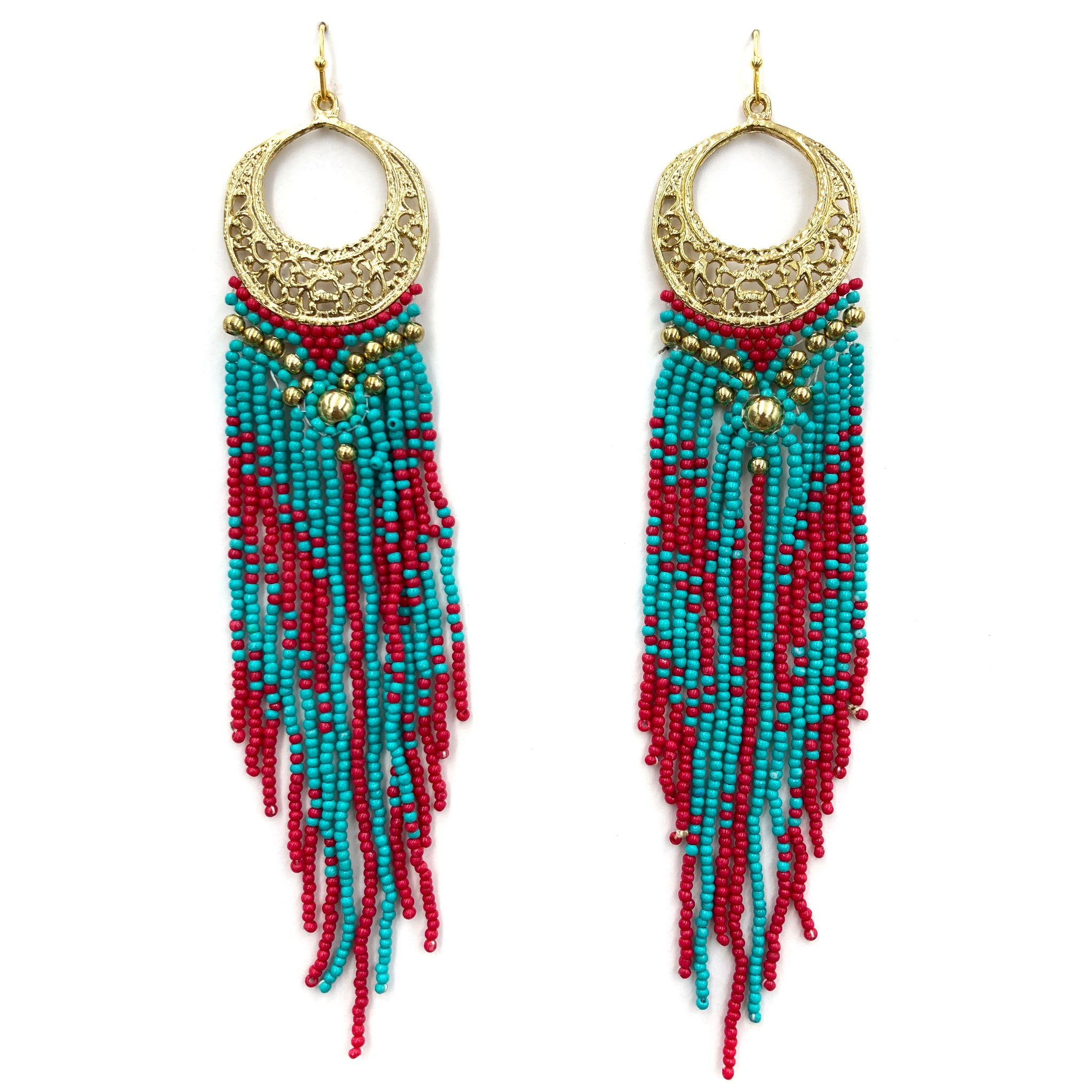 Crescent Flowers Chandelier Fringe Long Seed Bead Earrings