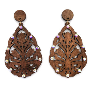 Woodwork Filigree Rhinestone Wood Earrings