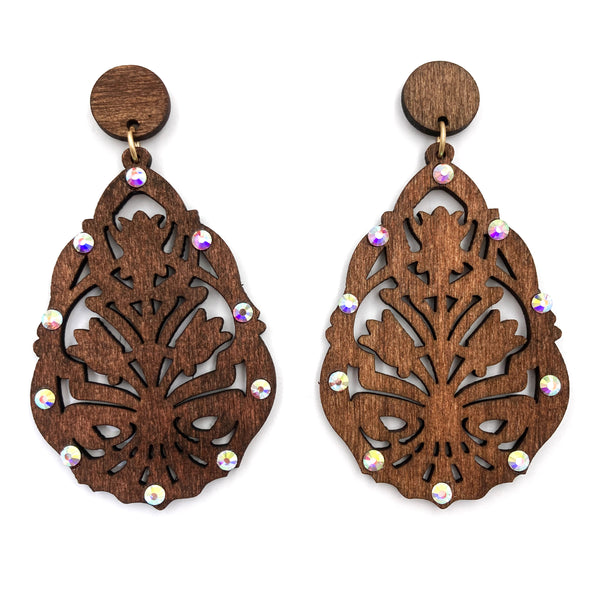 Woodwork Filigree Rhinestone Wood Earrings