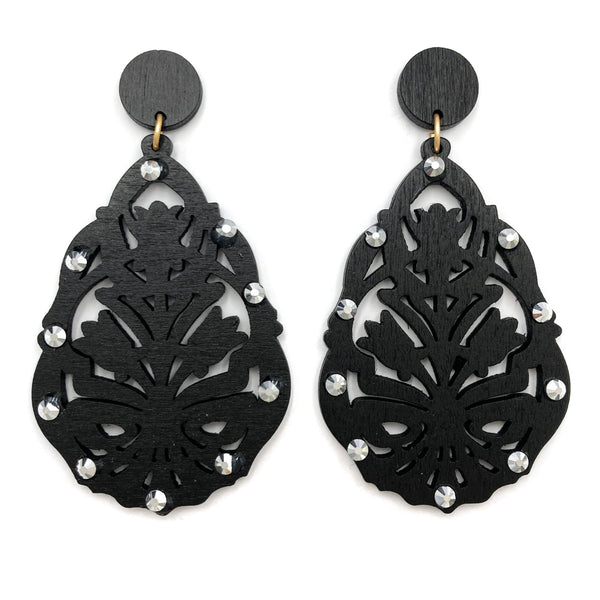 Woodwork Filigree Rhinestone Wood Earrings