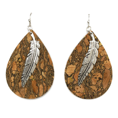 Cork Teardrop Feather Charm Earrings