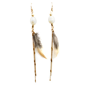 Pearl Long Tassel Chain Real Feather Earrings