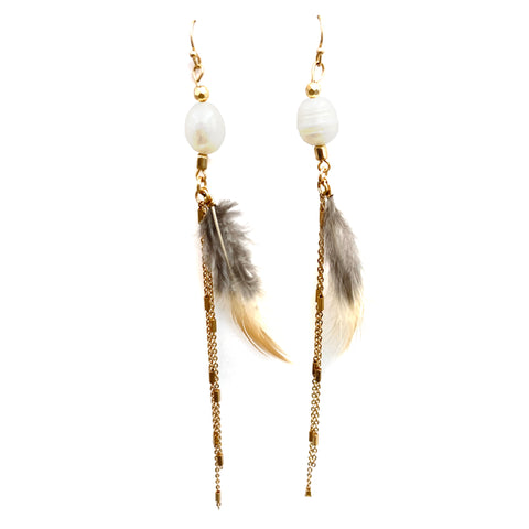 Pearl Long Tassel Chain Real Feather Earrings