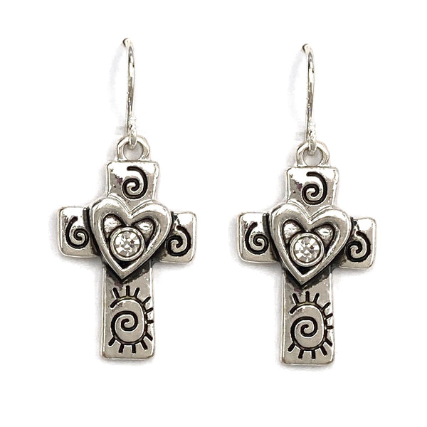 Cross with Heart Rhinestone Earrings