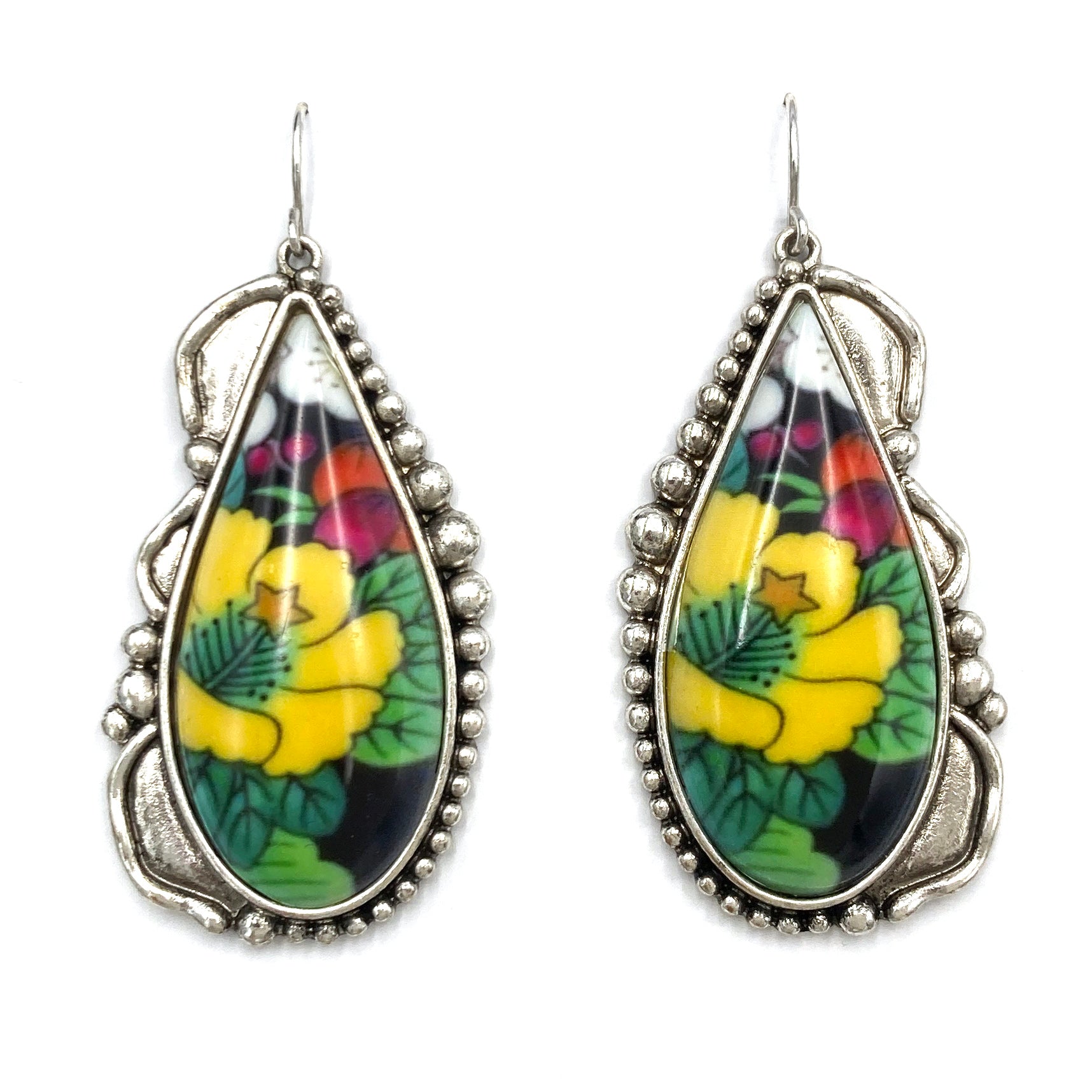 Painted Flowers Epoxy Resin Teardrop Earrings